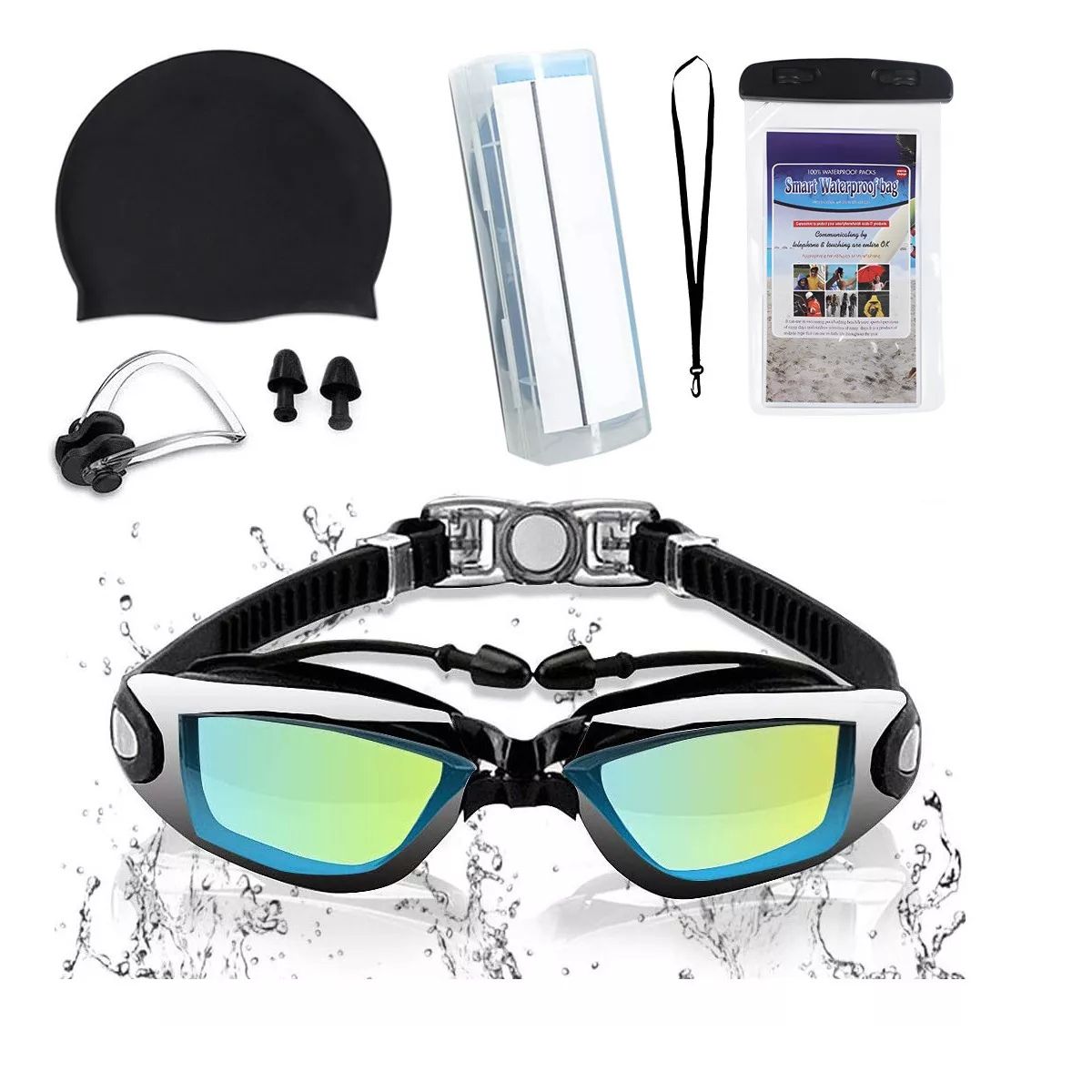 Kit De Gafas Natación Negro Protección Uv Gorro Tapones Clip