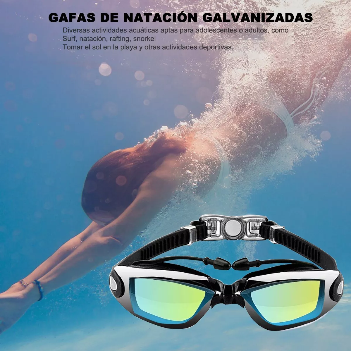 Kit De Gafas Natación Negro Protección Uv Gorro Tapones Clip