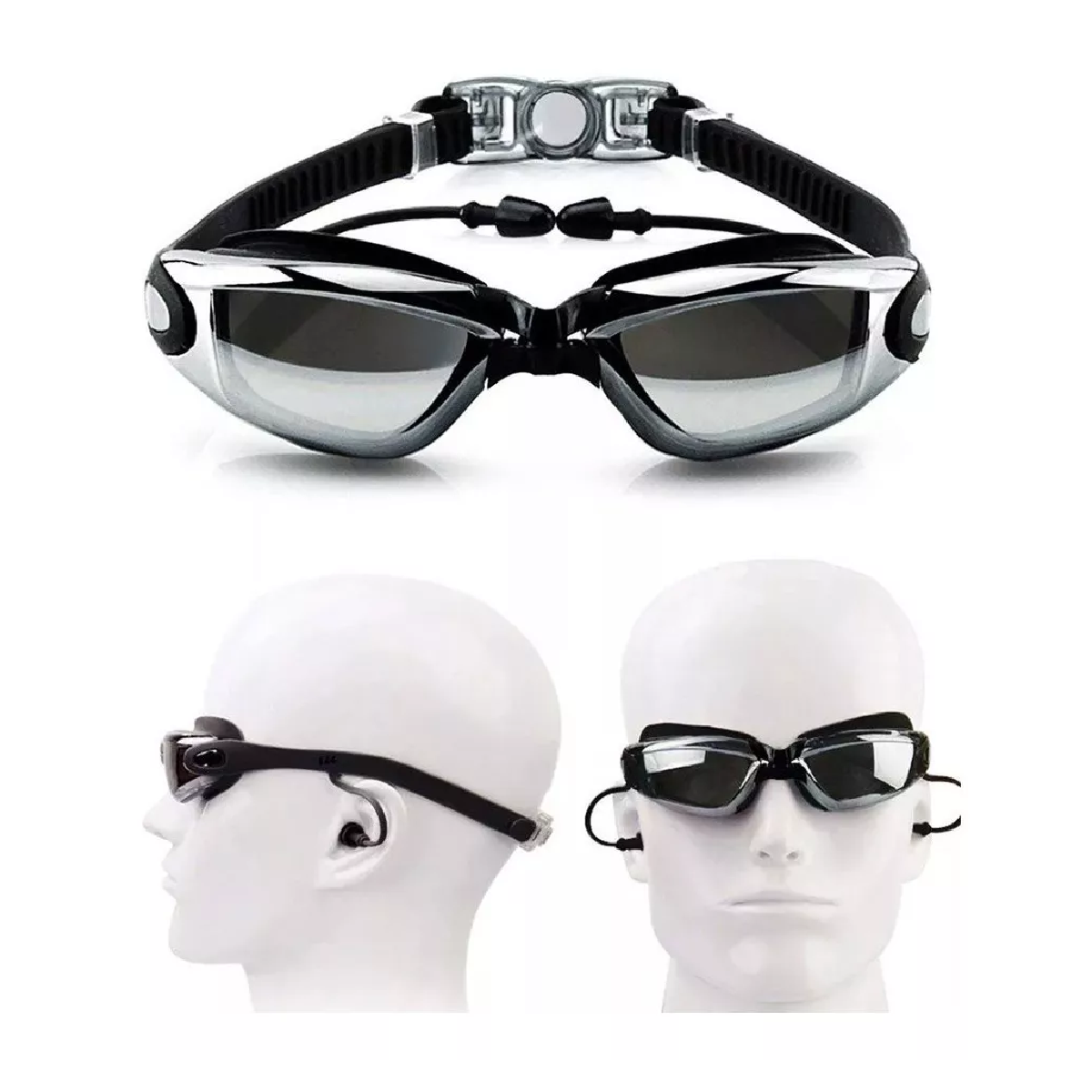 Kit De Gafas Natación Negro Protección Uv Gorro Tapones Clip