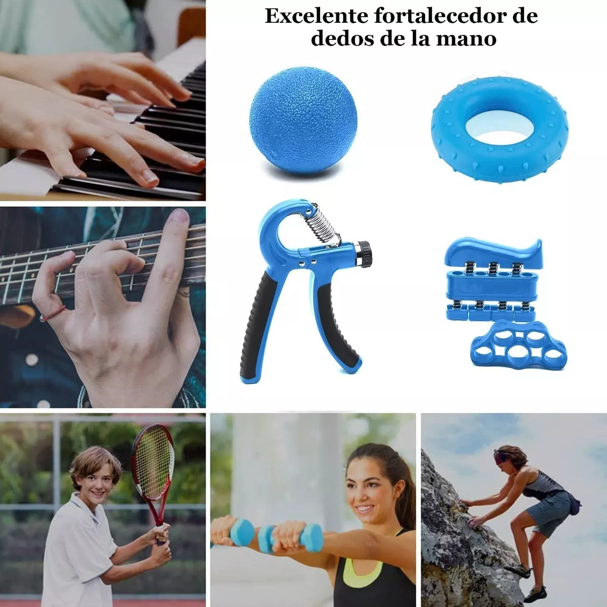 Fortalecedor Mano Agarre Ejercitador Dedos Ajustable, 5en1 Azul