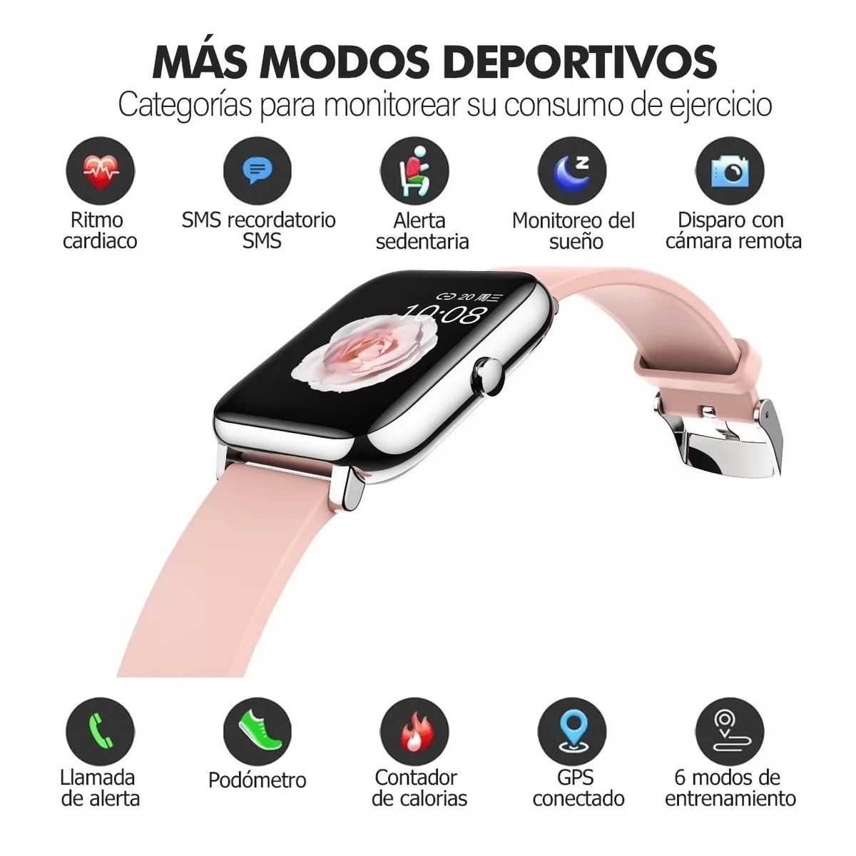 Reloj Inteligente Deportivo Impermeable Con Bluetooth Rosa Claro