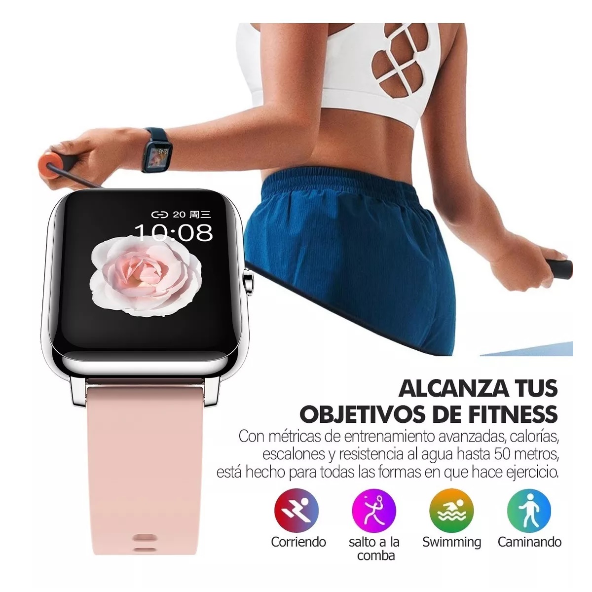 Reloj Inteligente Deportivo Impermeable Con Bluetooth Rosa Claro