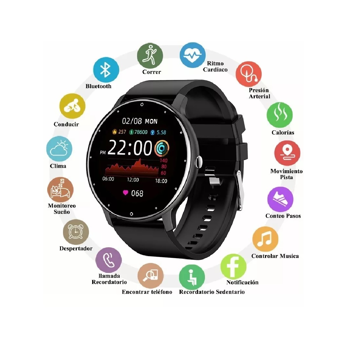 Smartwatch Pulsera Inteligente, Reloj Inteligente Deportivo, Pantalla  Táctil Impermeable Color Negro