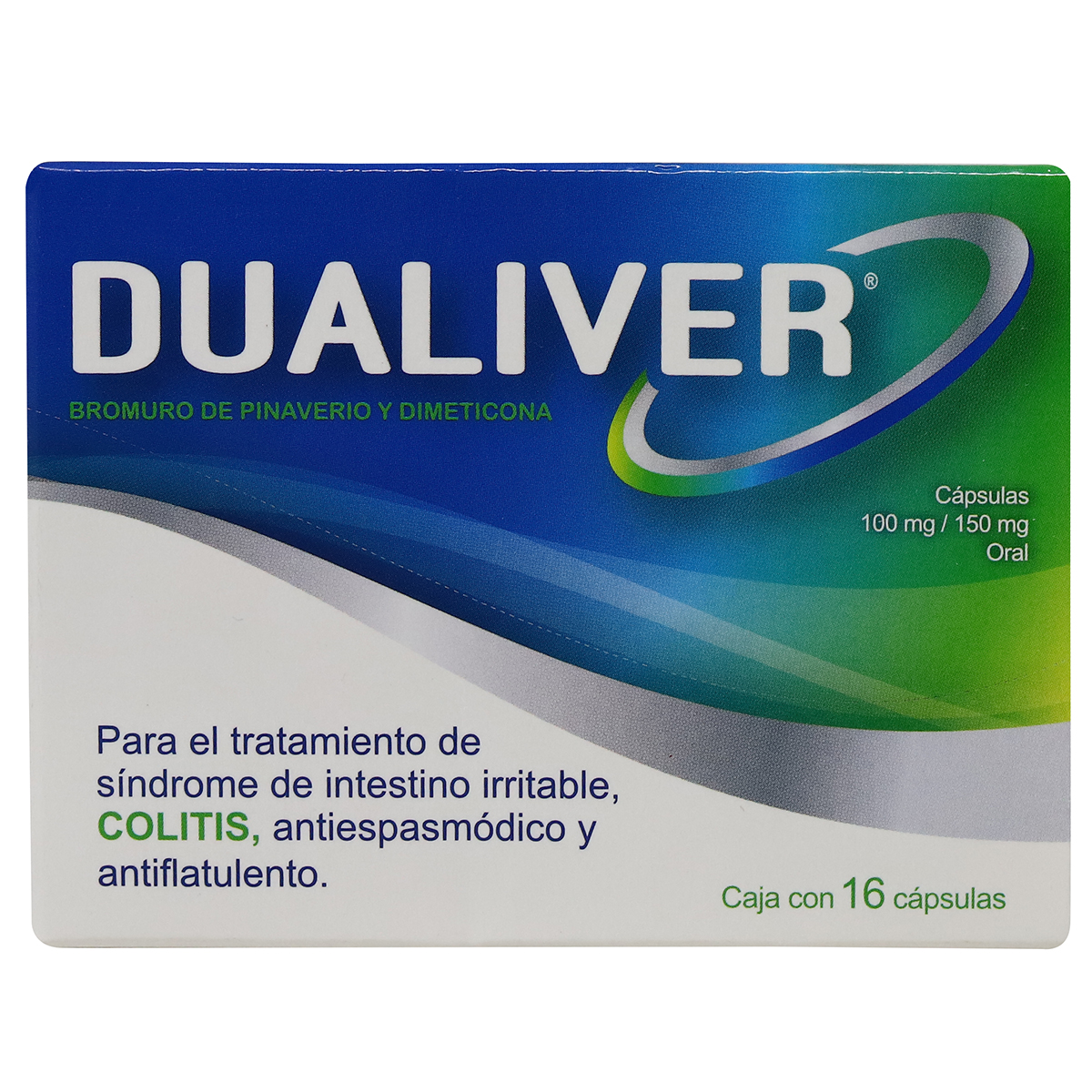 DUALIVER, BROMURO DE PINAVERIO, DIMETICONA, CAJA CON 16 CÁPSULAS