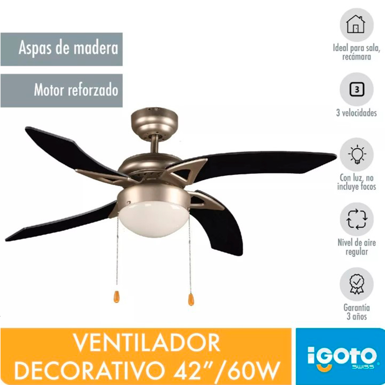 Ventilador De Techo Igoto V4205 Negro Con 3 Velocidades.