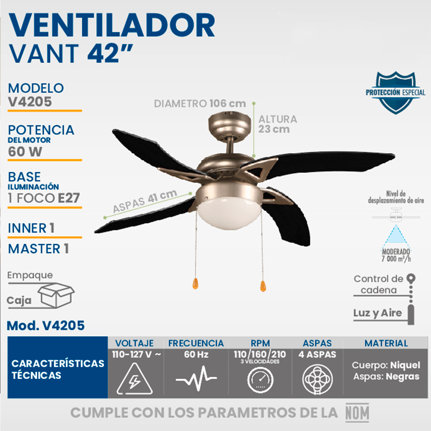 Ventilador De Techo Igoto V4205 Negro Con 3 Velocidades.