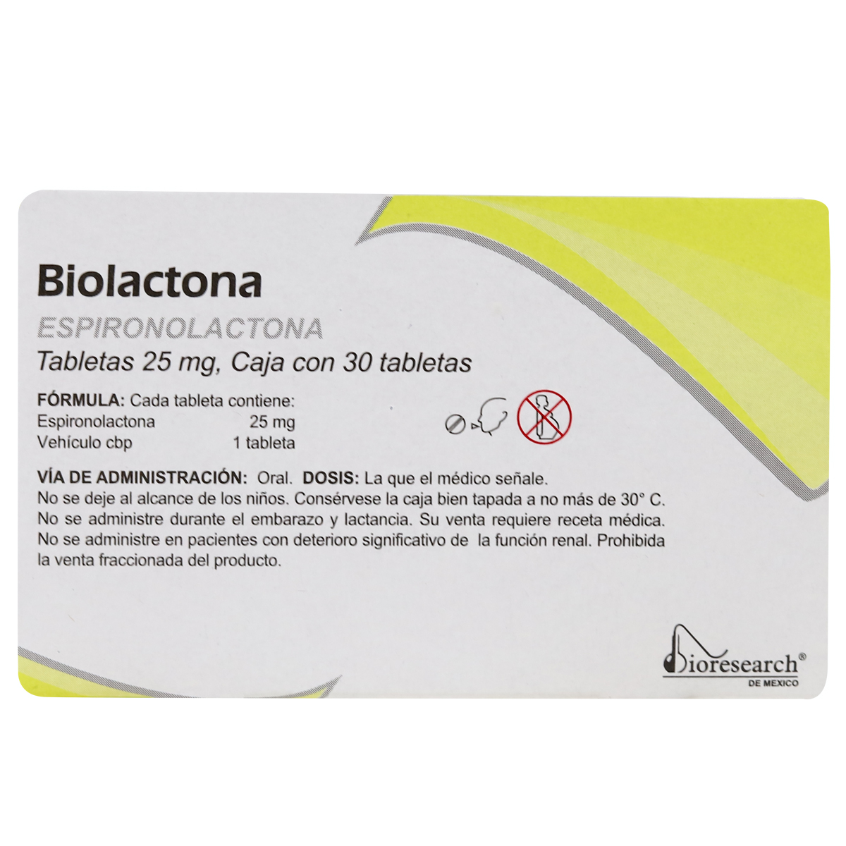 BIOLACTONA ESPIRONOLACTONA 30 TABLETAS 25 MG BIORESEARCH