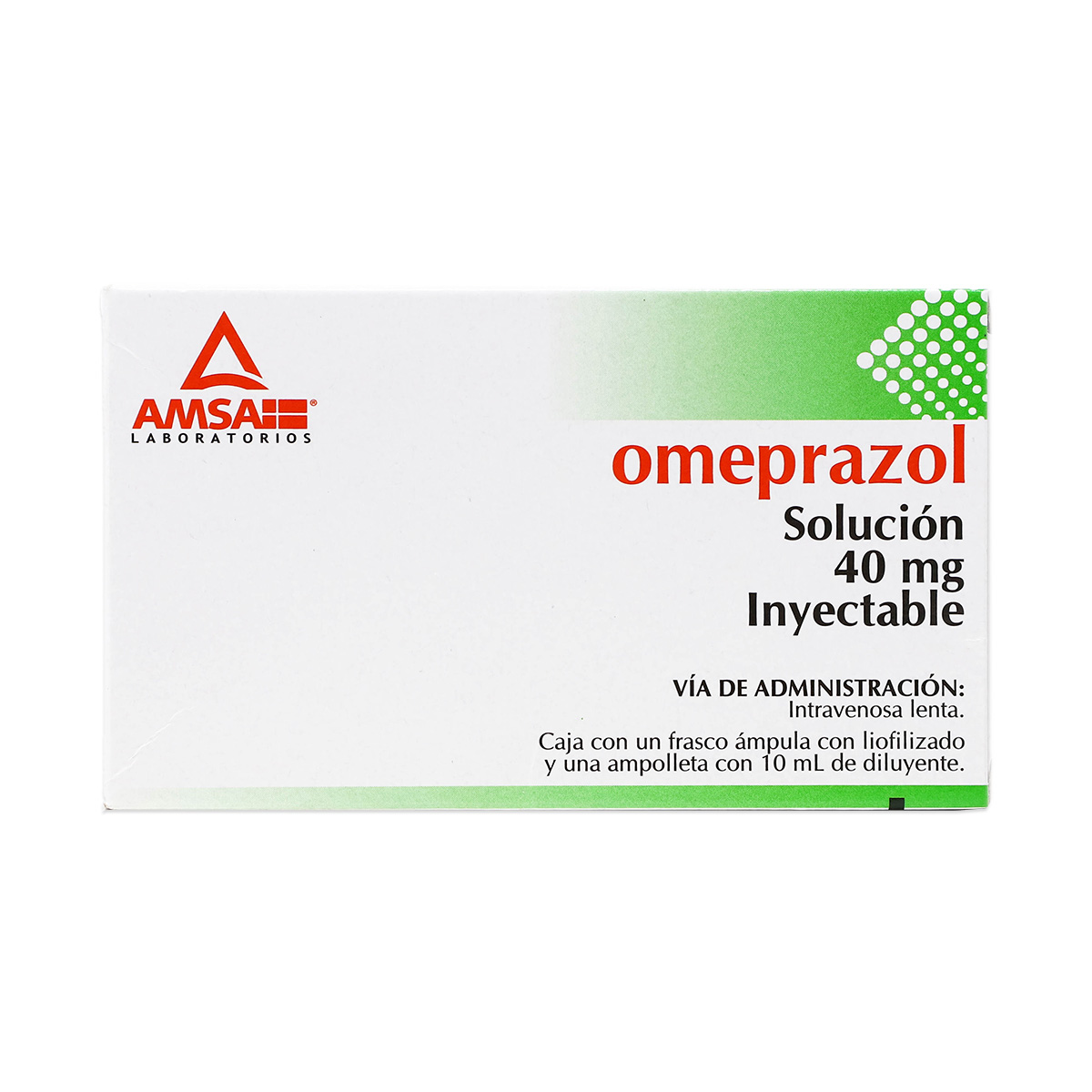 OMEPRAZOL SOLUCION 40 MG, CAJA CON UN FRASCO AMPULA CON LIOFILIZADO Y UNA AMPOLLETA CON 10 ML DE DILUYENTE, INYECTABLE, AMSA