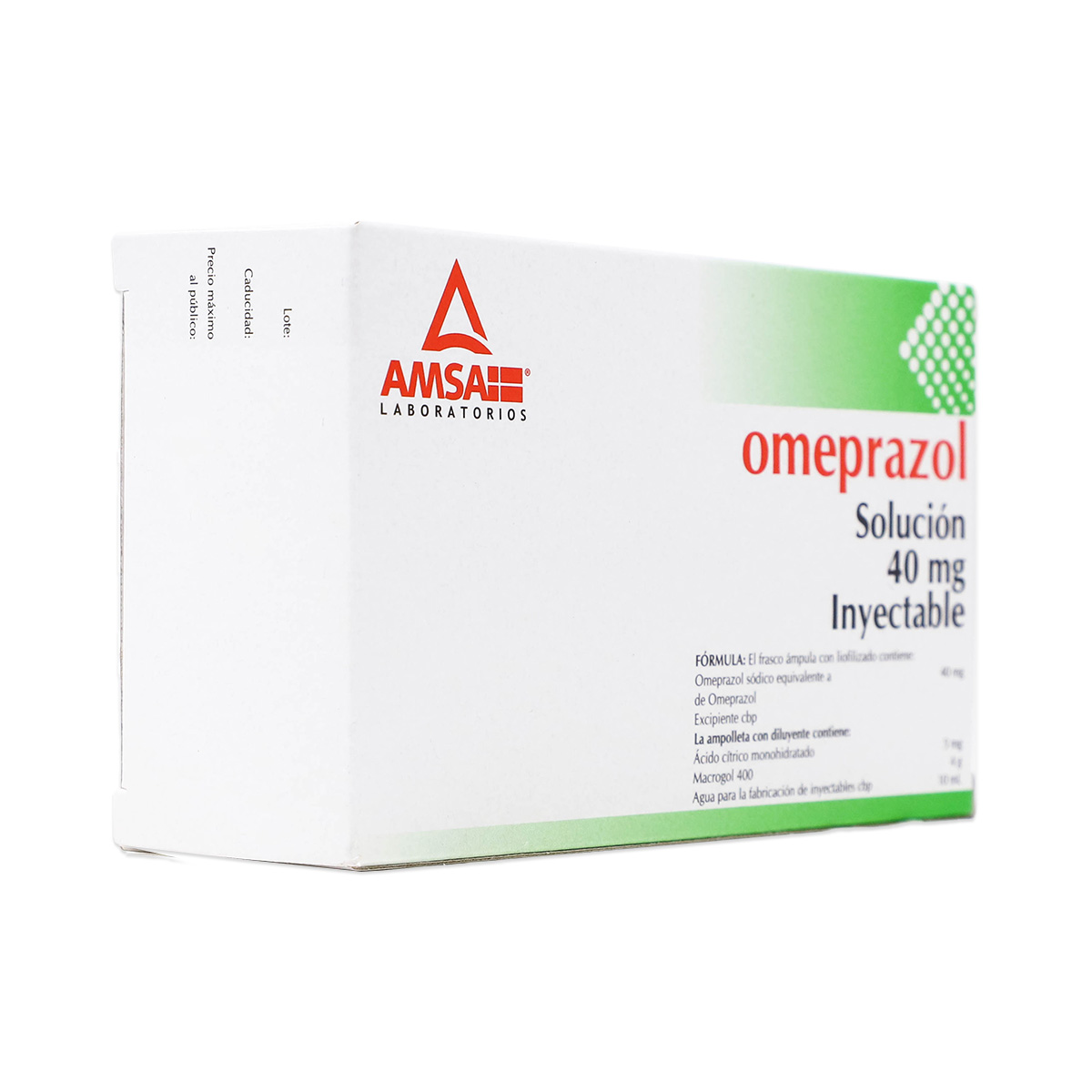 OMEPRAZOL SOLUCION 40 MG, CAJA CON UN FRASCO AMPULA CON LIOFILIZADO Y UNA AMPOLLETA CON 10 ML DE DILUYENTE, INYECTABLE, AMSA