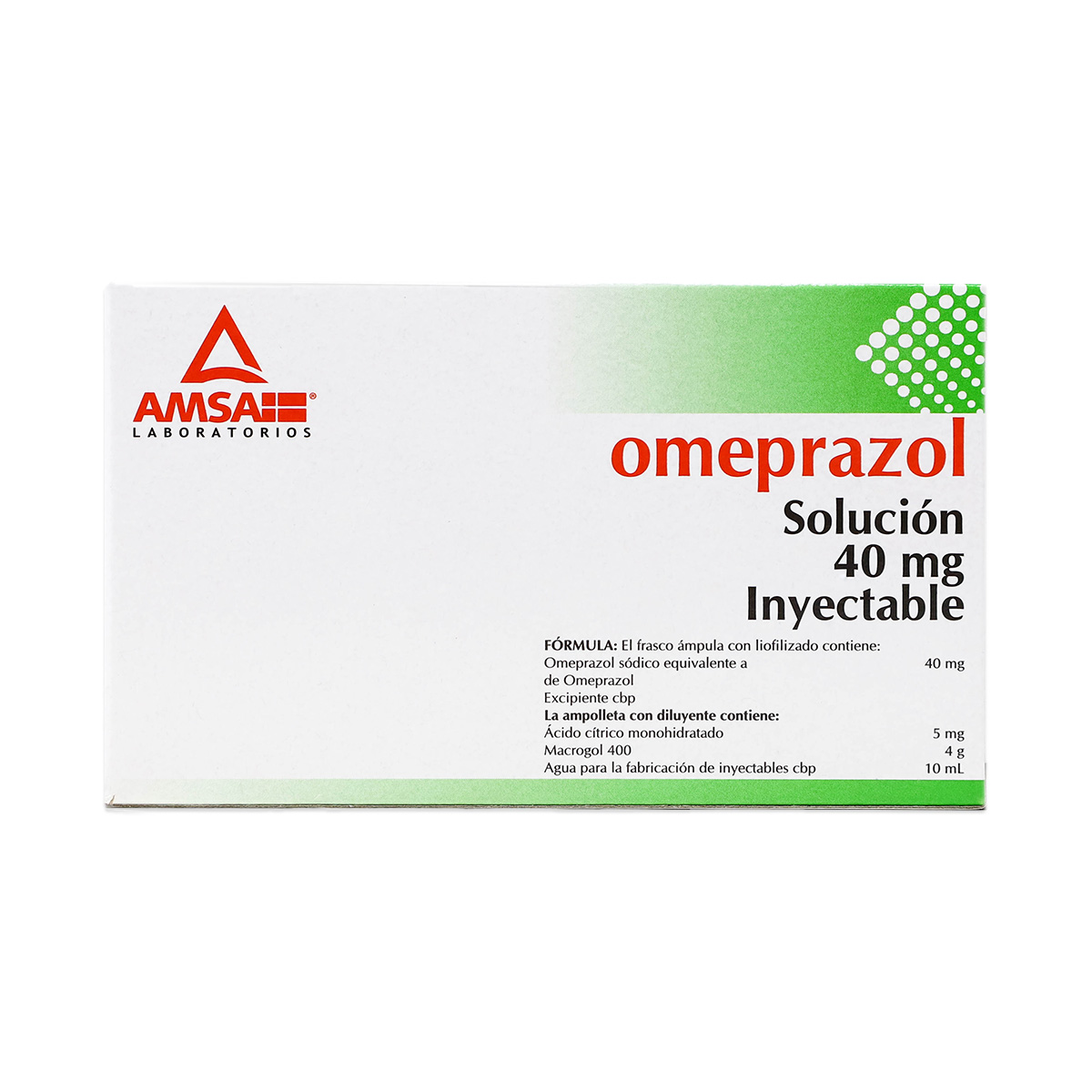 OMEPRAZOL SOLUCION 40 MG, CAJA CON UN FRASCO AMPULA CON LIOFILIZADO Y UNA AMPOLLETA CON 10 ML DE DILUYENTE, INYECTABLE, AMSA