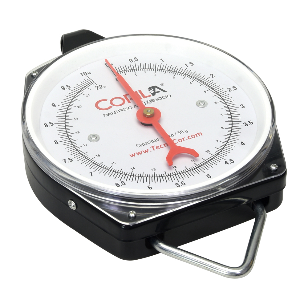 Báscula Mecánica Colgante Ajustable a ceroCapacidad 10kg/50g Ajustable a cero Arillo en acero inoxidable Cuerpo en lamina de acero Color Gris