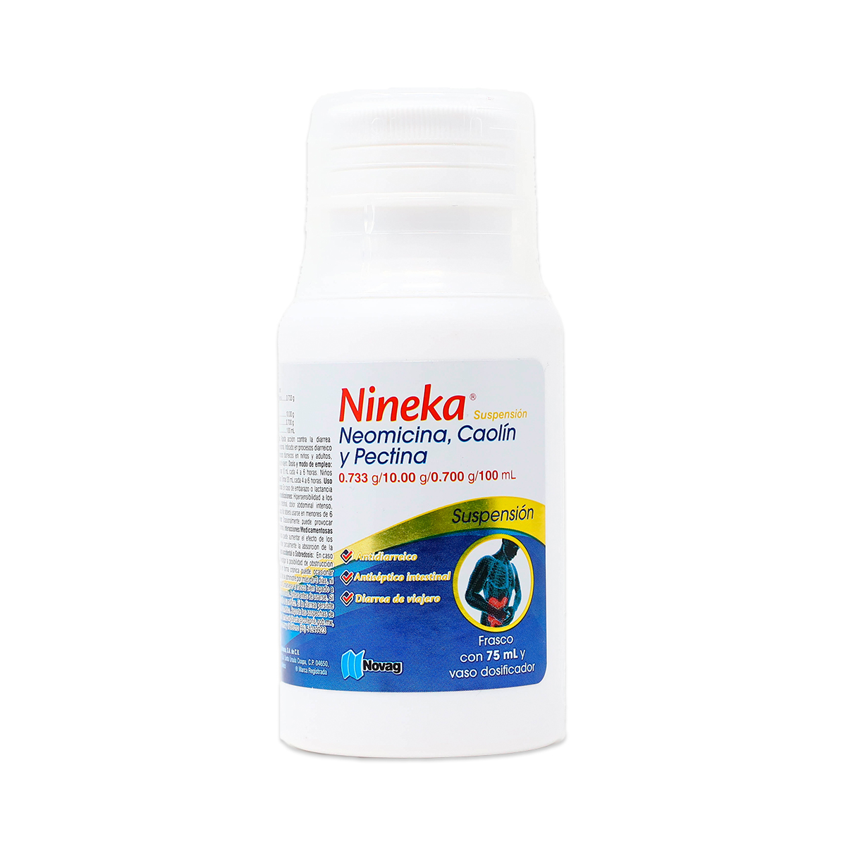 NINEKA SUSPENSION, NEOMICINA, CAOLIN Y PECTINA, FRASCO CON 75 ML Y VASO DOSIFICADOR, NOVAG