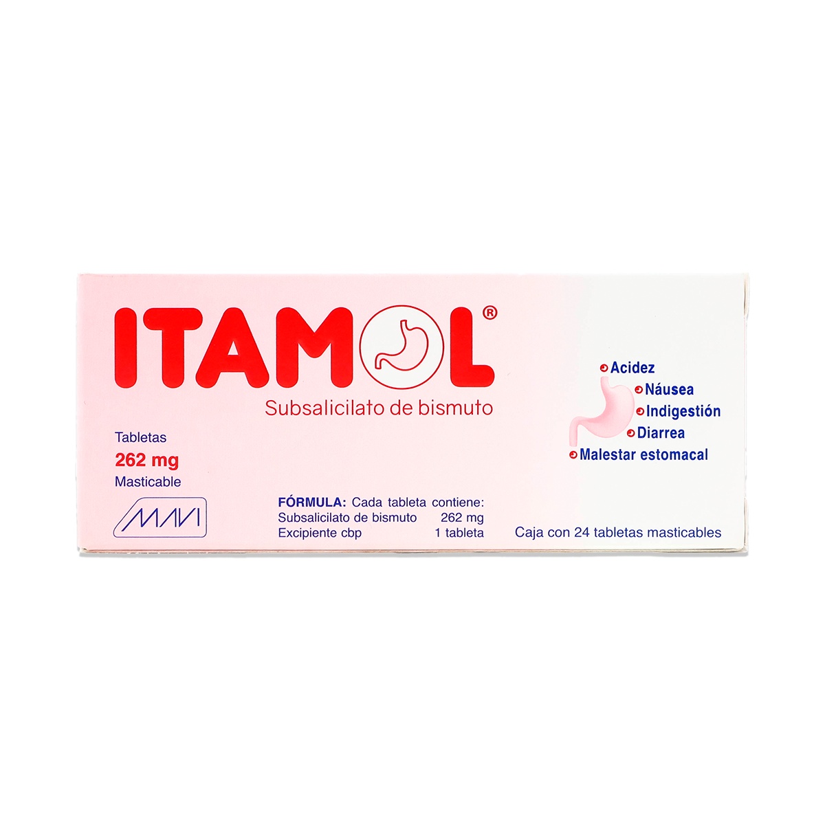 ITAMOL SUBSALICILATO DE BISMUTO, 24 TABLETAS MASTICABLES 262 MG, MAVI