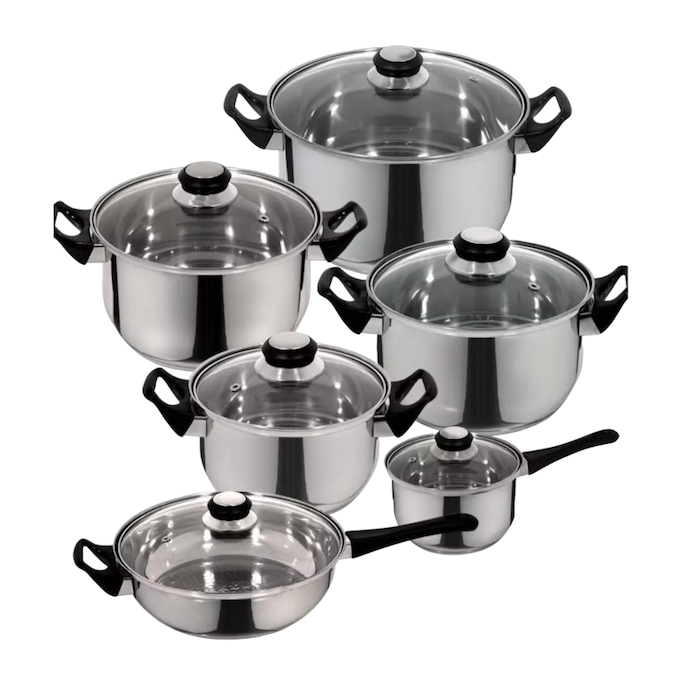 Batería De Cocina Acero inoxidable Sartenes Y Ollas Soperas Con Tapa 6 Pcs