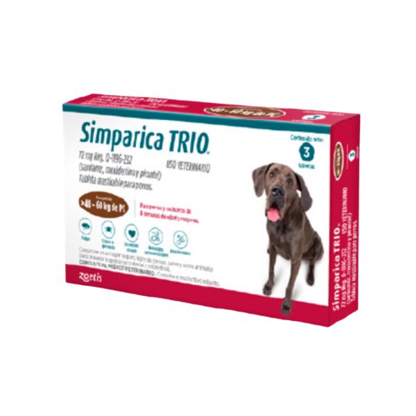 Desparasitante y Antipulga Simparica Trio 40 a 60kg Pulga Garrapata Gusano Corazon