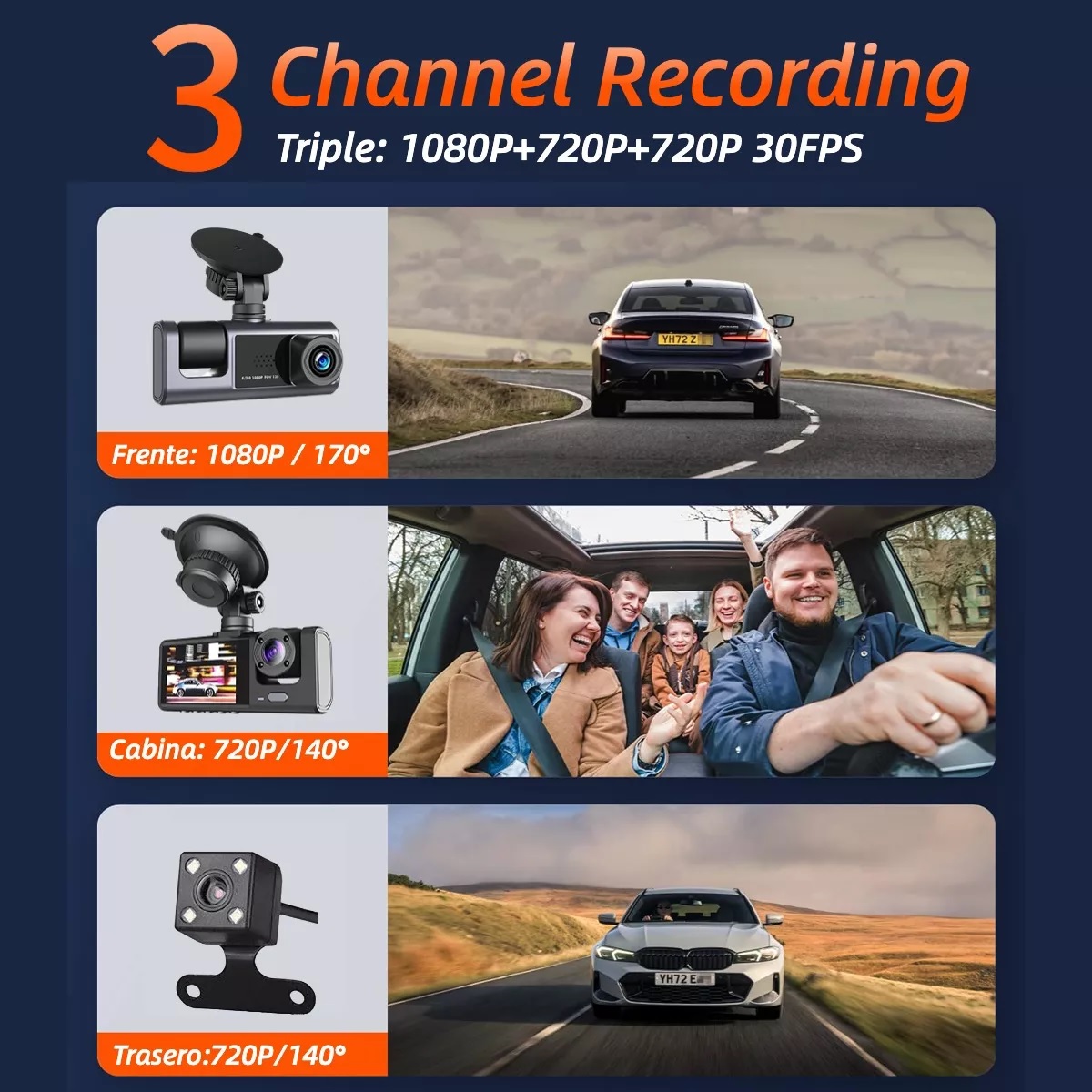 Cámara Para Automovil Accesorio Dashcamera Hd1080p 3pantalla