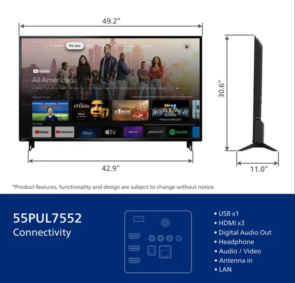 Philips 55 Class 4K Ultra HD Google Smart LED TV 55PUL7552F7