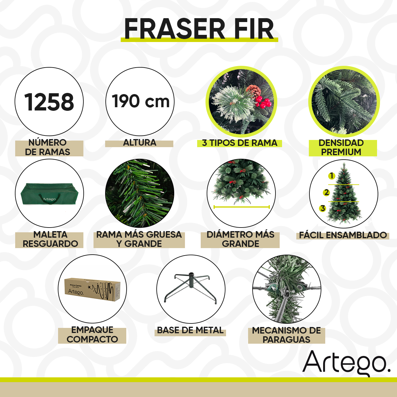 Árbol de Navidad Fraser Fir densidad premium 3 tipos de rama incluye maleta 190cm Artego