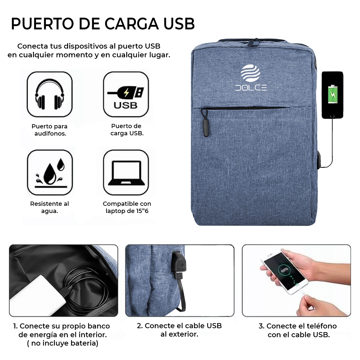 Mochila Escolar Unisex De Gran Capacidad Con Puerto Usb Marca Dolce