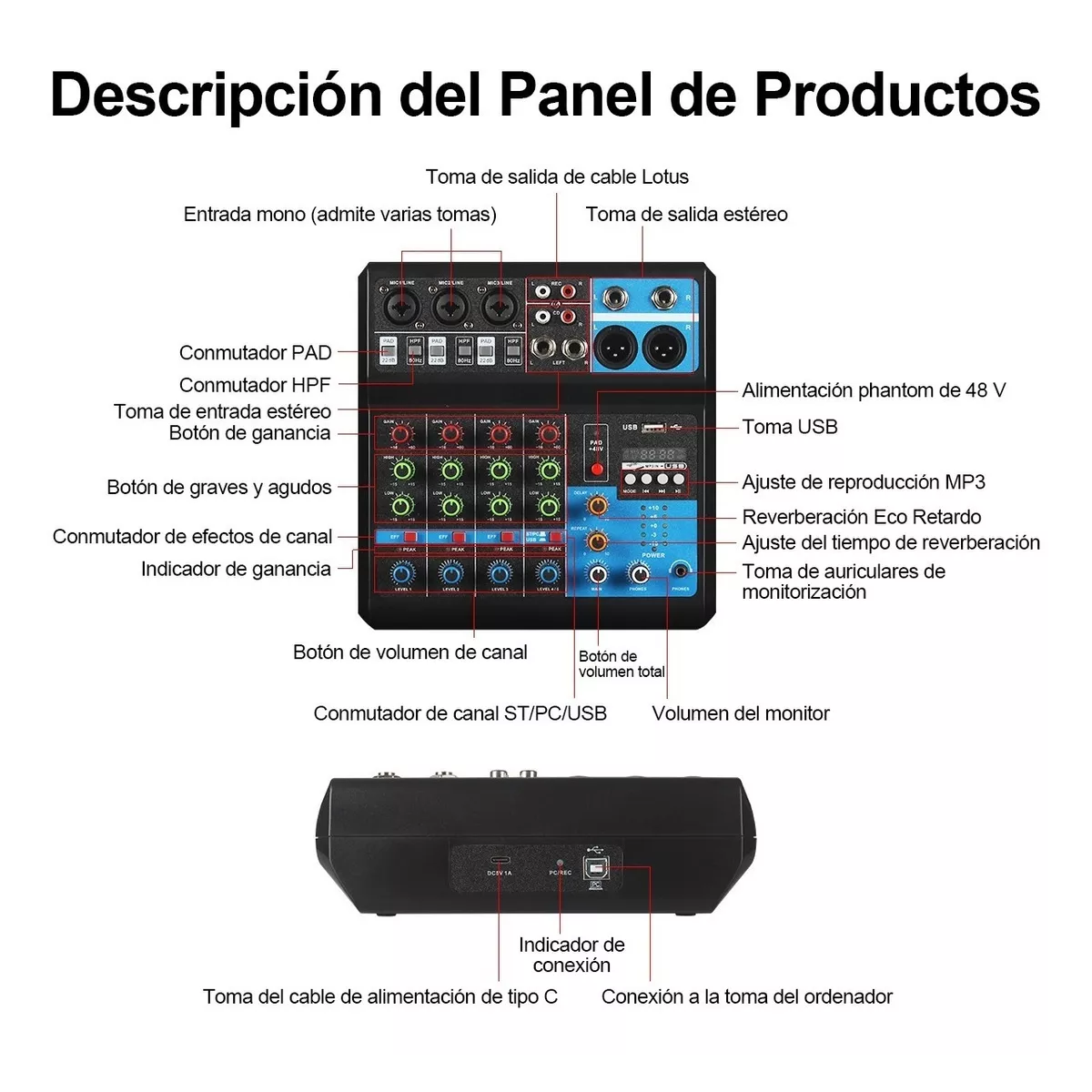 Mezcladora 5 Canales Usb Bluetooth Computadora