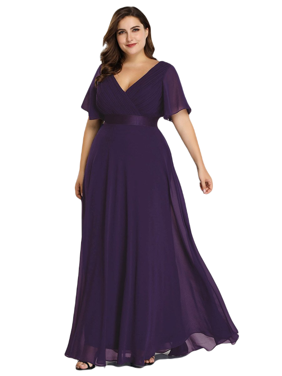 Vestido Elegante de Fiesta Largo Morado Uva para Mujer Manga Ancha Cuello V T Ch a Talla Extra
