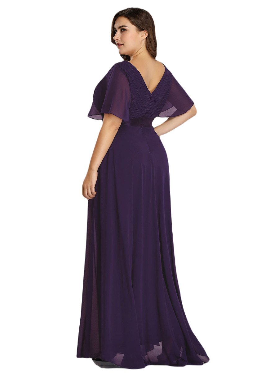 Vestido Elegante de Fiesta Largo Morado Uva para Mujer Manga Ancha Cuello V T Ch a Talla Extra