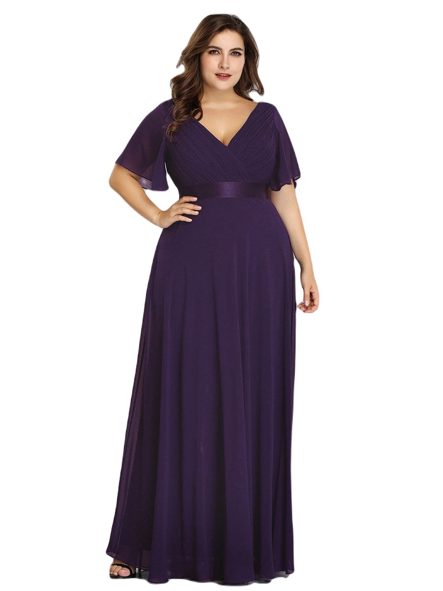 Vestido Elegante de Fiesta Largo Morado Uva para Mujer Manga Ancha Cuello V T Ch a Talla Extra
