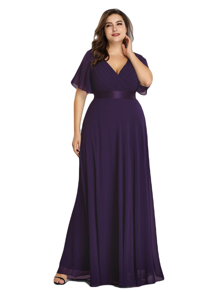 Vestido Elegante de Fiesta Largo Morado Uva para Mujer Manga Ancha Cuello V T Ch a Talla Extra