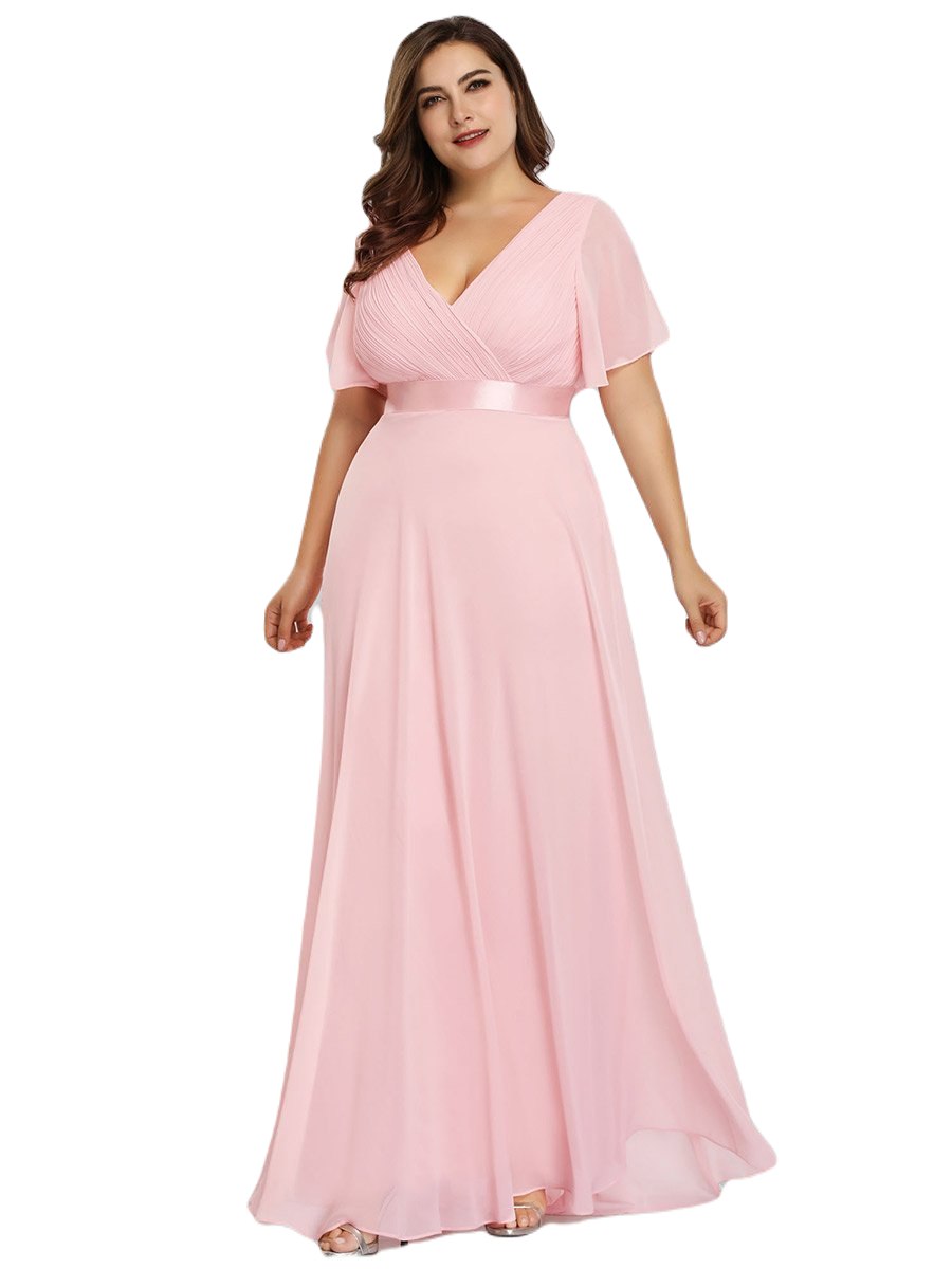 Vestido Elegante de Fiesta Largo Rosa Palo para Mujer Manga Ancha Cuello V T Ch a Talla Extra