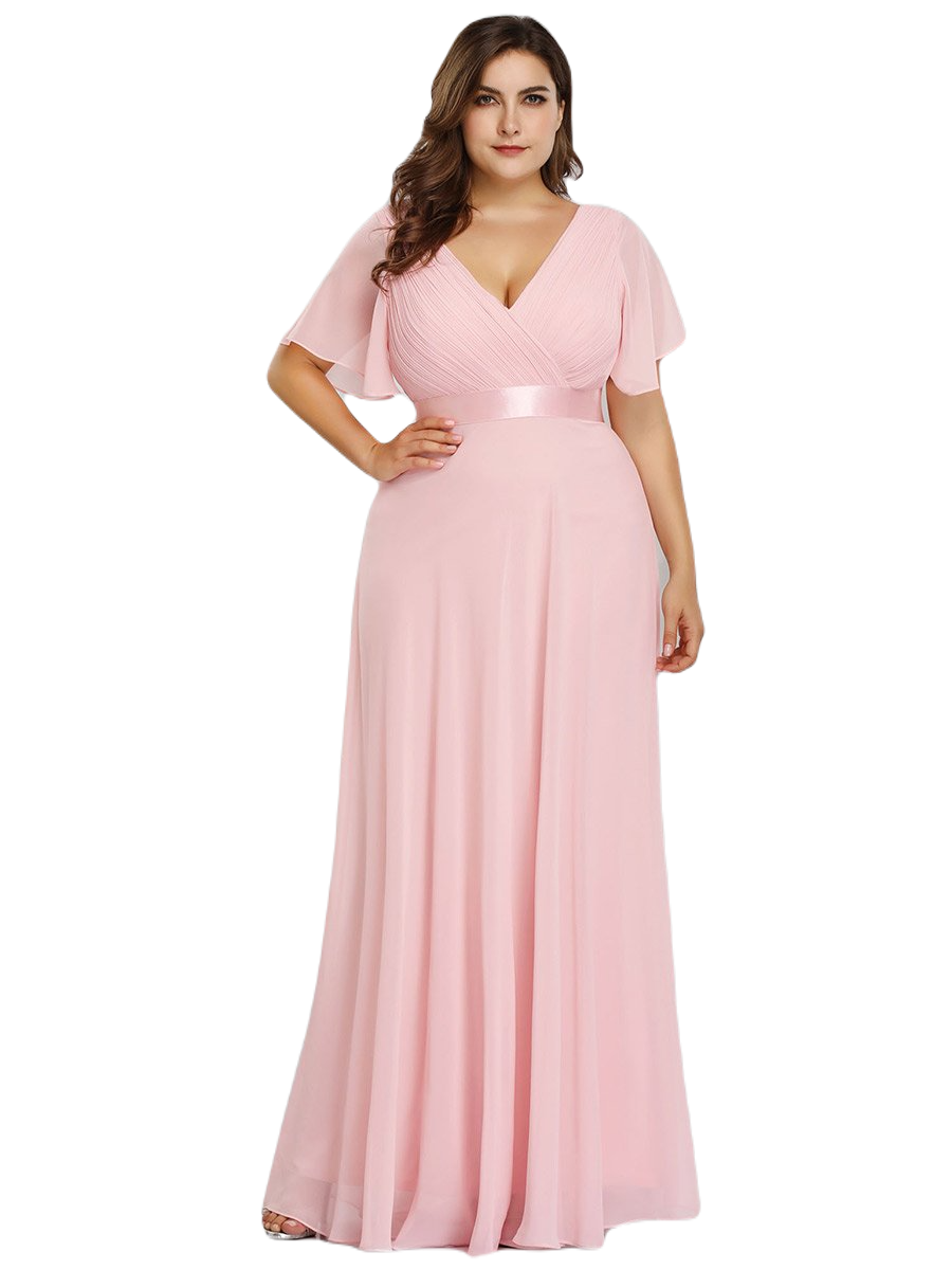 Vestido Elegante de Fiesta Largo Rosa Palo para Mujer Manga Ancha Cuello V T Ch a Talla Extra