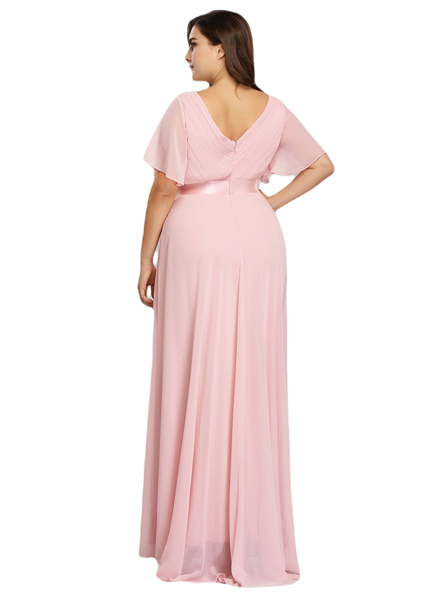 Vestido Elegante de Fiesta Largo Rosa Palo para Mujer Manga Ancha Cuello V T Ch a Talla Extra