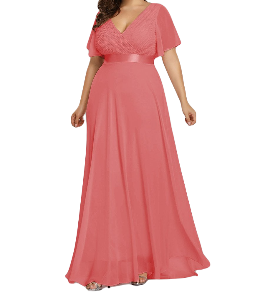 Vestido Elegante de Fiesta Largo Coral Naranja para Mujer Manga Ancha Cuello V T Ch a Talla Extra