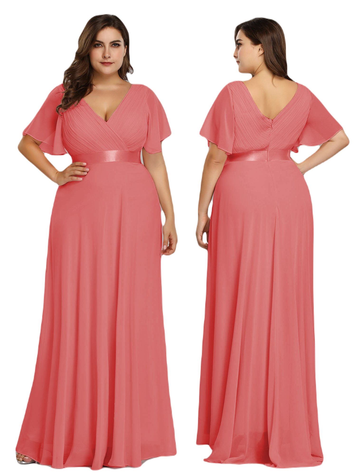 Vestido Elegante de Fiesta Largo Coral Naranja para Mujer Manga Ancha Cuello V T Ch a Talla Extra