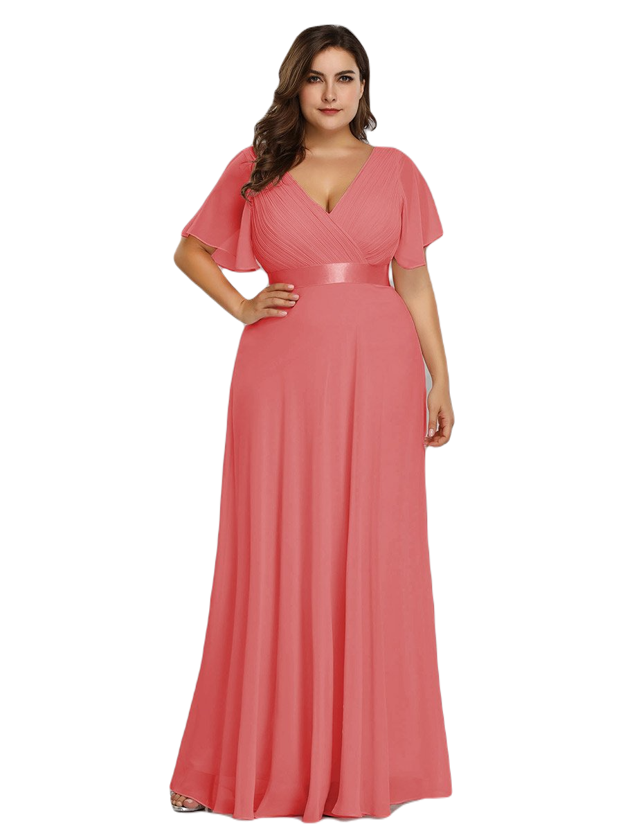 Vestido Elegante de Fiesta Largo Coral Naranja para Mujer Manga Ancha Cuello V T Ch a Talla Extra