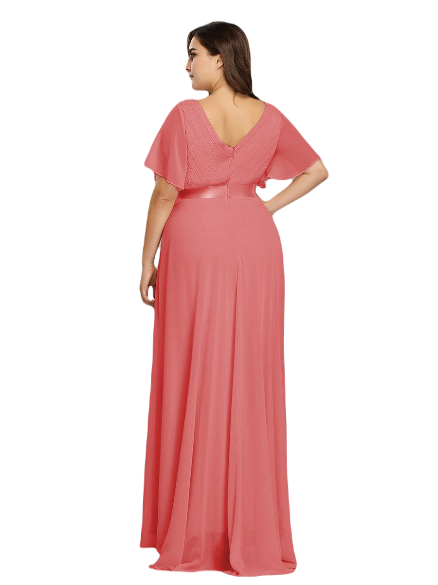 Vestido Elegante de Fiesta Largo Coral Naranja para Mujer Manga Ancha Cuello V T Ch a Talla Extra