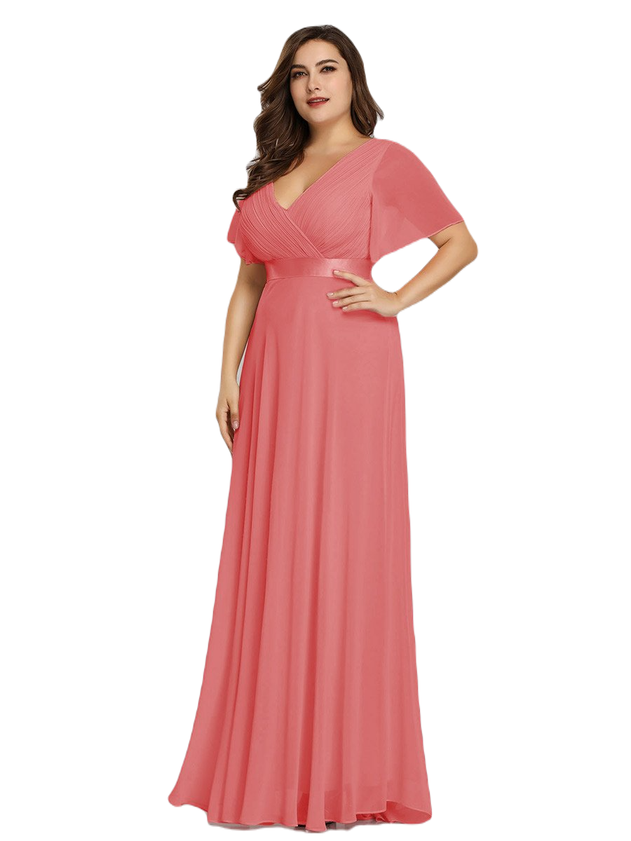 Vestido Elegante de Fiesta Largo Coral Naranja para Mujer Manga Ancha Cuello V T Ch a Talla Extra