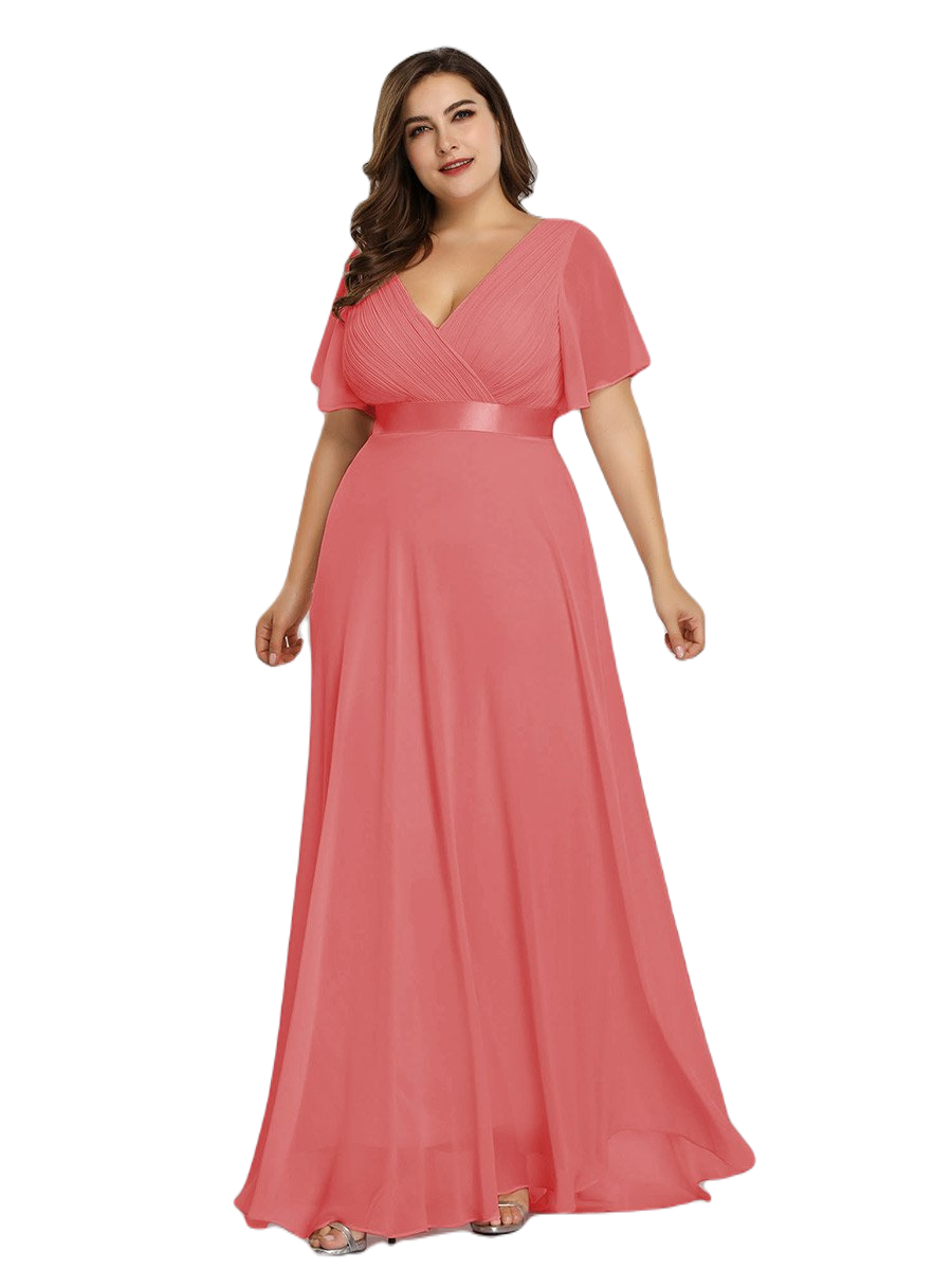 Vestido Elegante de Fiesta Largo Coral Naranja para Mujer Manga Ancha Cuello V T Ch a Talla Extra