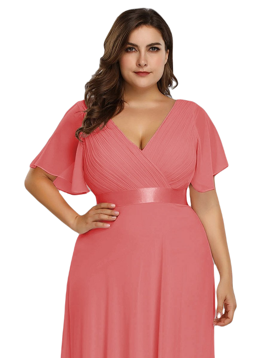 Vestido Elegante de Fiesta Largo Coral Naranja para Mujer Manga Ancha Cuello V T Ch a Talla Extra