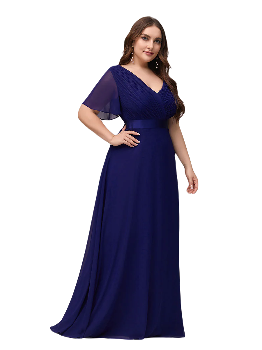 Vestido Elegante de Fiesta Largo Azul Rey Dark para Mujer Manga Ancha Cuello V T Ch a Talla Extra