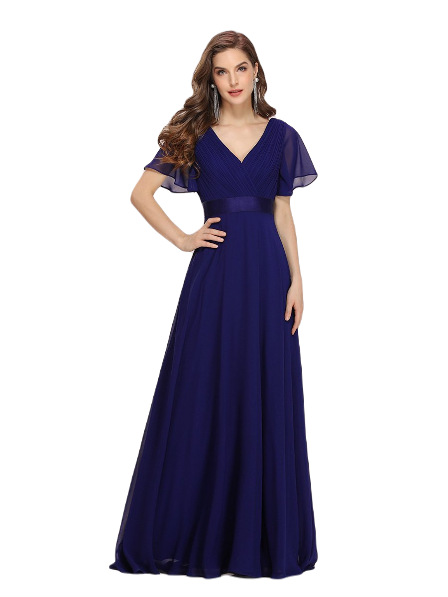 Vestido Elegante de Fiesta Largo Azul Rey Dark para Mujer Manga Ancha Cuello V T Ch a Talla Extra
