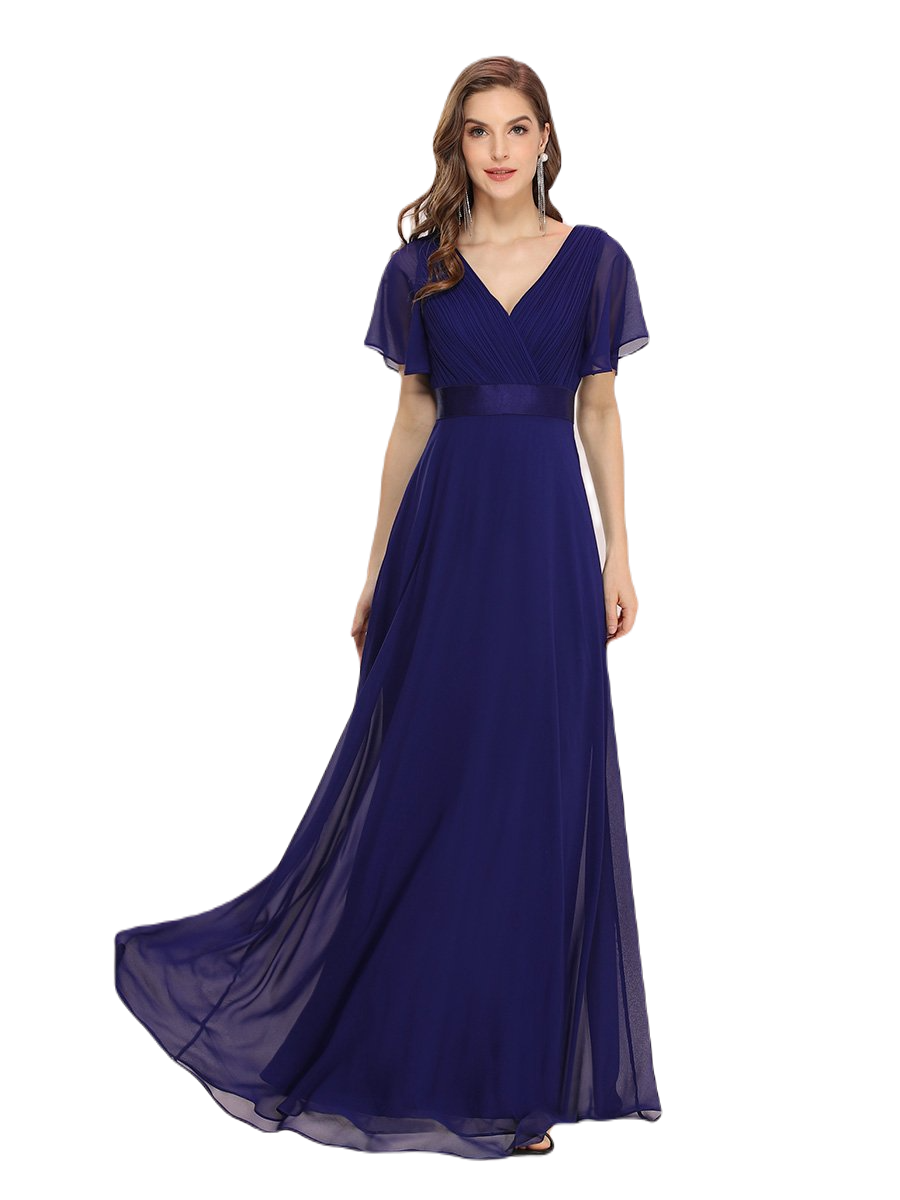 Vestido Elegante de Fiesta Largo Azul Rey Dark para Mujer Manga Ancha Cuello V T Ch a Talla Extra