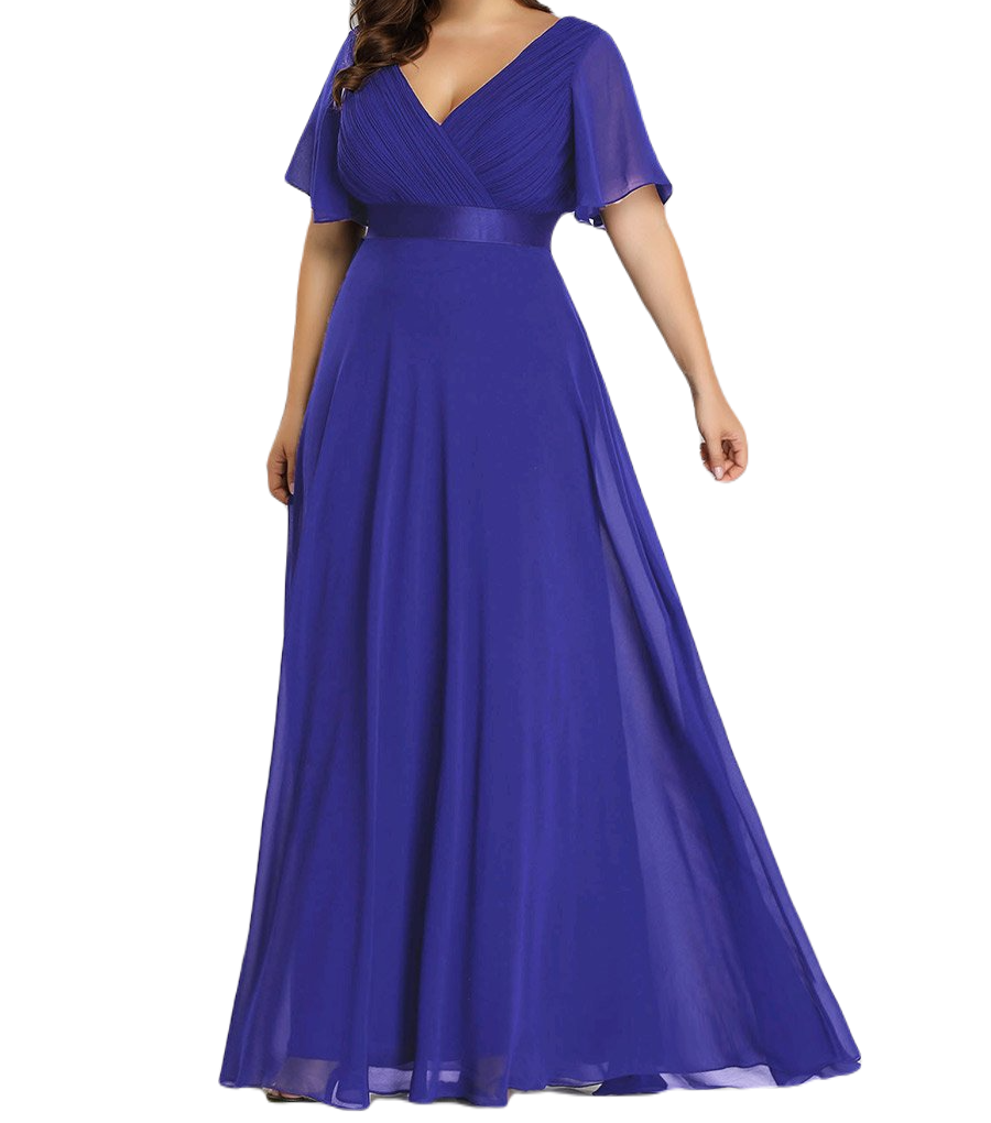 Vestido Elegante de Fiesta Largo Azul Rey para Mujer Manga Ancha Cuello V T Ch a Talla Extra	