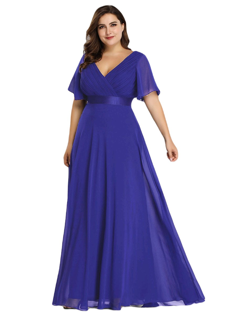 Vestido Elegante de Fiesta Largo Azul Rey para Mujer Manga Ancha Cuello V T Ch a Talla Extra	