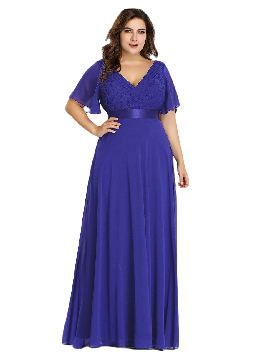 Vestido Elegante de Fiesta Largo Azul Rey para Mujer Manga Ancha Cuello V T Ch a Talla Extra	
