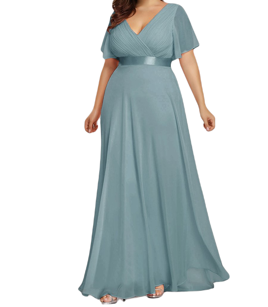 Vestido Elegante de Fiesta Largo Turquesa Dusty para Mujer Manga Ancha Cuello V T Ch a Talla Extra	