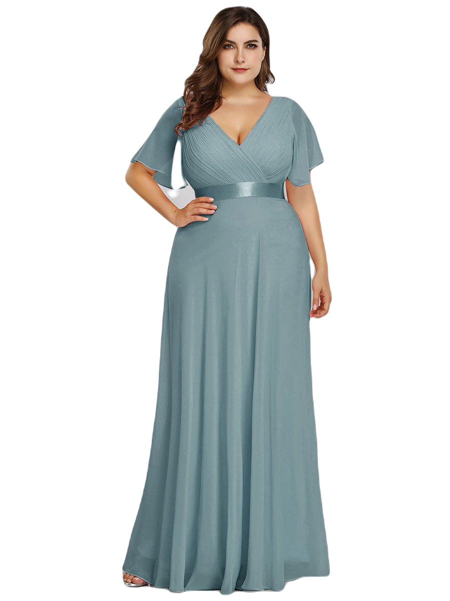 Vestido Elegante de Fiesta Largo Turquesa Dusty para Mujer Manga Ancha Cuello V T Ch a Talla Extra	