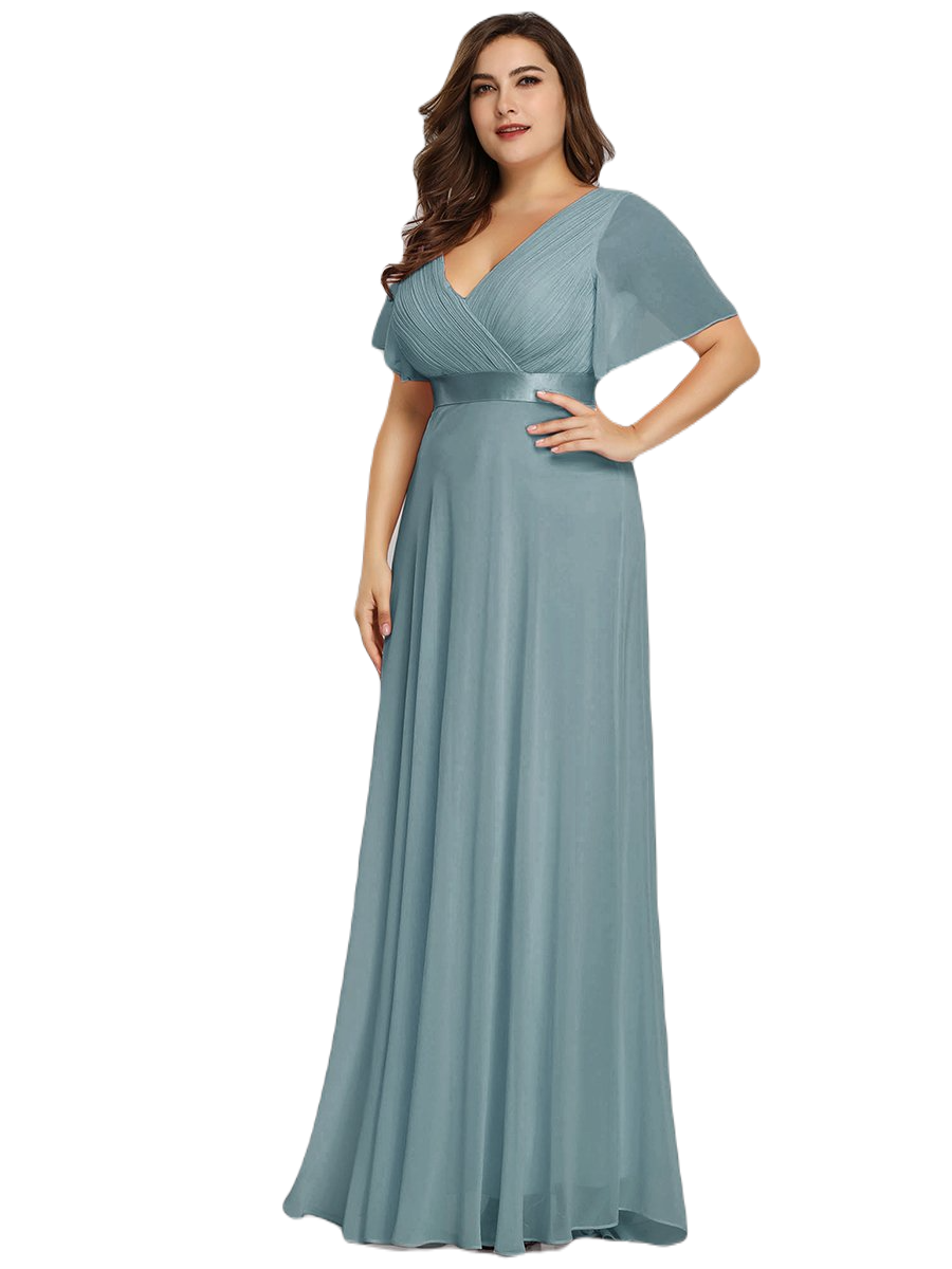 Vestido Elegante de Fiesta Largo Turquesa Dusty para Mujer Manga Ancha Cuello V T Ch a Talla Extra	