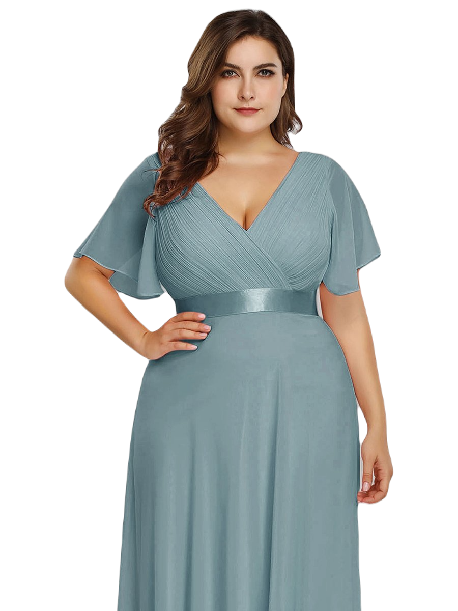 Vestido Elegante de Fiesta Largo Turquesa Dusty para Mujer Manga Ancha Cuello V T Ch a Talla Extra	