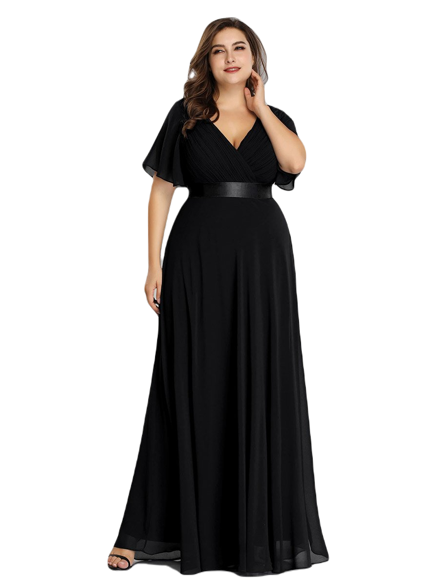 Vestido Elegante de Fiesta Largo Negro para Mujer Manga Ancha Cuello V T Ch a Talla Extra	