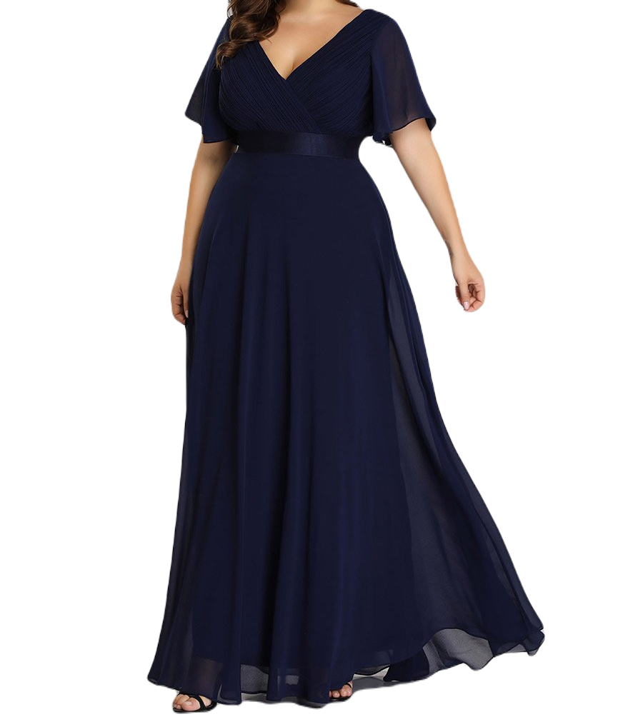 Vestido Elegante de Fiesta Largo Azul Marino para Mujer Manga Ancha Cuello V T Ch a Talla Extra	